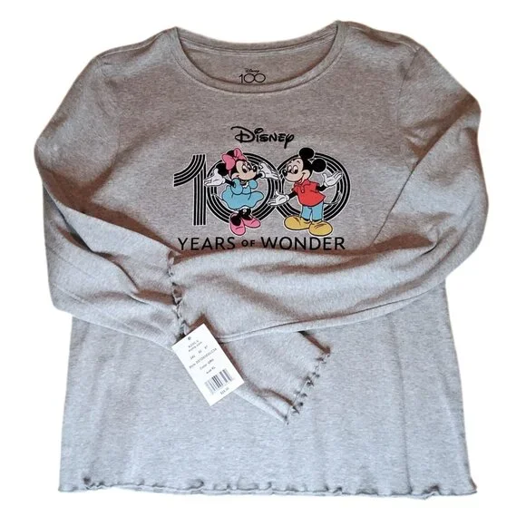 Minnie and Mickey Disney 100 Years of Wonder Long Sleeve Heather Gray Tee Jr XL - Picture 6 of 6